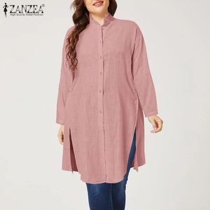 Túnica sólida TopCasual Blusas sueltas ZANZEA Mujeres Stand Collar Camisa larga Otoño Manga larga Botones Abajo Blusa de algodón Tallas grandes 240202