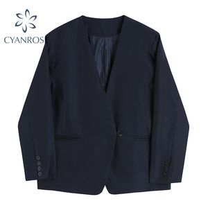 Solide v-hals blazer jas vrouwen enkele knop vintage 2 kleur koreaanse elegante losse jas mujer lente cardigan buitenste top 210417