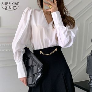 Solide weiße Bluse Bürodame Hemd Baumwolle Korean Chic Damenmode V-Ausschnitt Plus Size Lose Tops Blusas Blusen 12870 210508