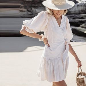 Solid White Elegant Wrap Dress Shirt Dameskleding Polka Dot Summer Office Dame Vestidos Half Mouw Bandage Frans 210427