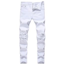 Effen Witte Gescheurde Jeans Mannen 2020 Klassieke Retro Heren Skinny Jeans Merk Elastische Denim Broek Broek Casual Slim Fit potlood Pant247o