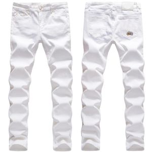 Effen wit gescheurde jeans mannen klassieke retro heren schoonheid vrouwen print skinny jean merk elastische denim broek broek casual slanke pasvorm