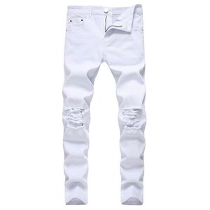 Solide Blanc Ripped Jeans Hommes Classique Rétro Hommes Skinny Jeans Marque Élastique Denim Pantalon Pantalon Casual Slim Fit Crayon Pantalon 210318