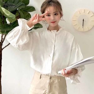 Solide Blanc Jaune Jaune Long Bouche de style Coréen Chemisier Femmes Cardigan Ruffle Collier Vêtements Bouton Up Shirt Blusas 11250 210508