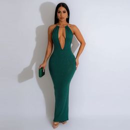 Robe de soirée longue à paillettes pour femmes, couleur unie, collier doré, dos nu, moulante, Sexy, tenue de soirée, Clubwear