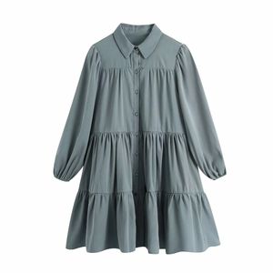 Solide Femmes Turndown Col Volant Mini Robe Femme Lanterne Manches Lâche Vêtements Casual Robe D6635 210430