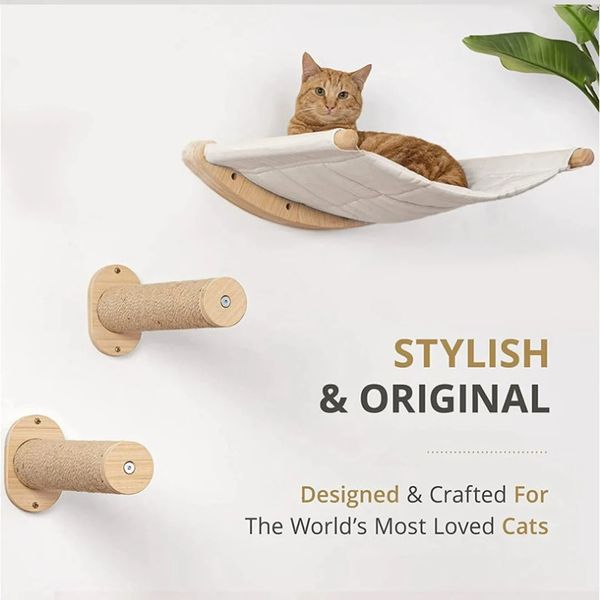 Échelle de poteau d'escalade à gratter en bois massif pour chat et planche de lit hamac pour chat murale étagères pour chat perche meubles pour animaux de compagnie jouets pour chat 240229