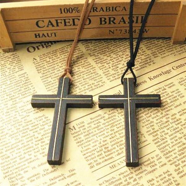 Collier pendentif croix en bois massif chaîne de pull en cuir vintage incrusté de cuivre hommes femmes bijoux faits à la main élégant Jésus Vintag249w