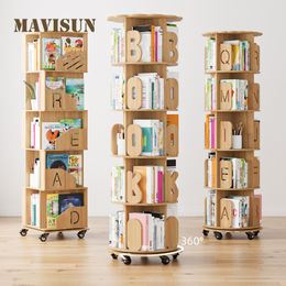 Bibliothèque en bois massif en bois rotatif à 360 degrés Planchers Simple Children's Picture Livre de rangement de stockage Small Poulied peut être déplacé