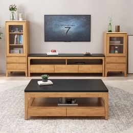 Mueble de TV de mesa de té de madera maciza, mueble de piso de piedra de fuego de lujo ligero simple moderno nórdico, combinación de conjunto de apartamento pequeño