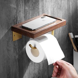 Soporte de papel de madera maciza para baño montado en la pared soportes de papel higiénico de moda de lujo con gancho dorado