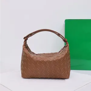 Sac Hobo en cuir véritable tissé solide avec chaîne, sac à main de couleur unie pour femmes