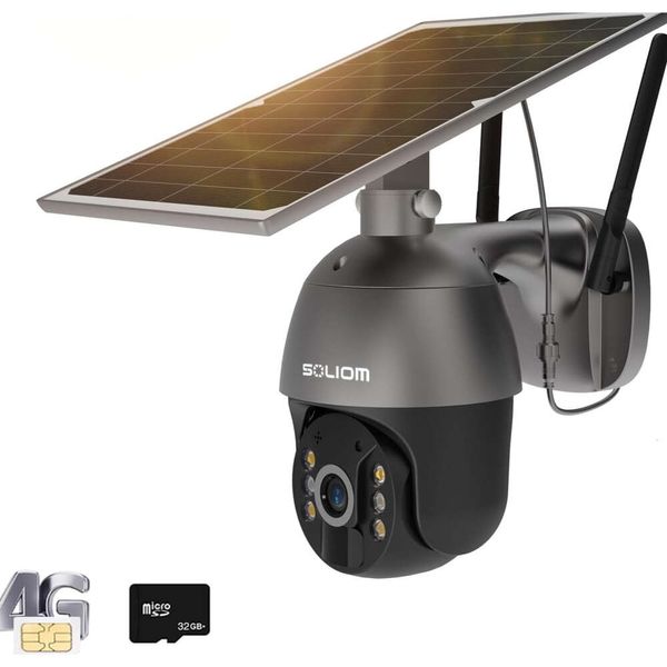 SOLIOM S600 Cámara de seguridad celular con energía solar para exteriores - Inalámbrica Pan Tilt 360 View Spotlight 1080p Visión nocturna 2 vías Talk PIR Sensor de movimiento Sin WiFi Versión de EE. UU.