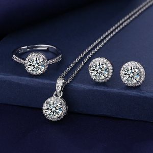 Solitaire lab diamant sieraden set 925 Sterling zilveren feest trouwringen oorbellen ketting voor vrouwen bruids moissanite sieraden 3044