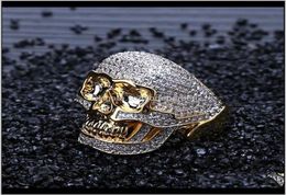 Пасьянс Мужское 18-каратное желтое покрытие с черепом, золотом и цирконием, блестящее кольцо, полностью имитация бриллиантов, набор микро-паве, камни, кольца в стиле хип-хоп, Ysorx9033463
