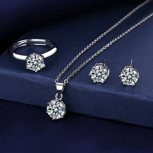 Solitaire Moissanite Diamond Jewelry Set 925 Sterling Silver Party Wedding Rings oorbellen ketting voor vrouwelijke bruids sets sieraden