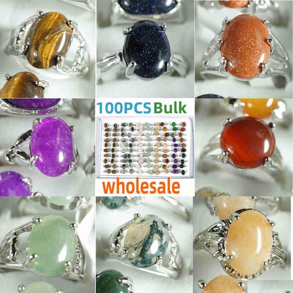 Bague Solitaire 100 Pièces Boîte Mélange Anneaux De Cristal Bk Gros Pierre Bijoux De Guérison Pour Femmes Oeil De Tigre Mousse Agate Rose Quartz Aventur Dhp0N