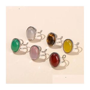 Bague Solitaire 13X18Mm Pierre Naturelle Agate Rouge Forme Ovale En Acier Inoxydable Ouvert Femmes Vintage Grand Cabochon Anneaux De Guérison Réglables Dr Dhi2D