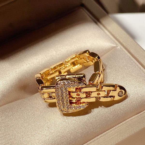 Anillo solitario 14K cadena de oro real cinturón hebilla diseño anillos para mujeres encanto Original joyería brillante Zirconia fiesta 230616