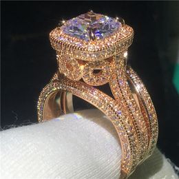 Anillo solitario 18K Rose Gold Vintage 3-in-1 Diamond cz Ring set 925 joyería de plata esterlina Compromiso Anillos de boda para mujeres hombres Bijou 230529