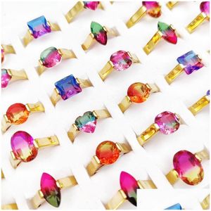 Solitaire ring 20 -stcs/lot Natural Stone Rainbow Tourmaline Rings for Women Rietless Steel Band Mixed Style Charm Crystal Party Jewel DHBNA