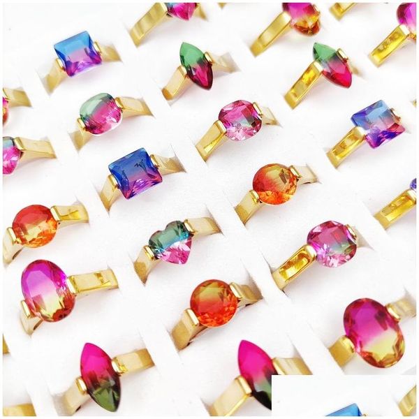 Anillo solitario 20pcs/lote Piedra natural Rainbow Rainbow Rings para mujeres Banda de acero inoxidable Joya de cristal de estilo mixto Dhbna Dhbna