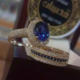 Solitaire Ring 2pcs / set Mode Or Couleur Hip Hop pour Femmes Exquis Incrusté Zircon Bleu Cristal Anneaux De Mariage Bijoux De Fiançailles De Mariée 231016