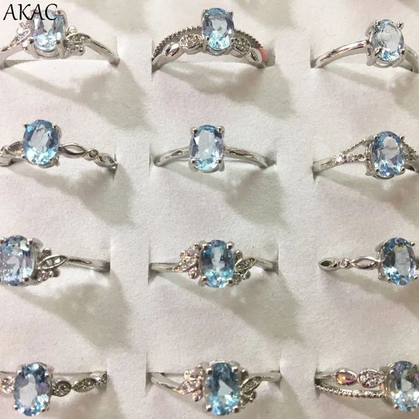 Bague Solitaire 5 anneaux 10 anneaux AKAC bague topaze bleue naturelle environ 57mm pierre femmes réglable 231007