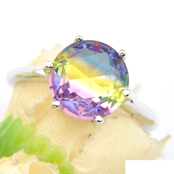 Anillo solitario 6 PCS / LOTE NUEVO REDONDO ARCO IRIS BI COLOREADO TURMALINA circón gemas 925 Sterling Sier plateado mujeres anillo de bodas joyería EE.UU. S Dhaa4