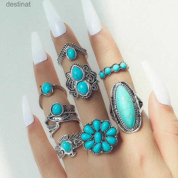 Anillo solitario 8pcs/lote Bohemio Vintage Geométrico Natural Cirón Turquoise Anillo de piedra Color de plata Anillo de flores para mujeres Joyas anniverl231220