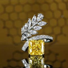 Solitaire Bague en argent 925 personnalité de la mode bague en diamant jaune Radiant glace fleur coupe bague en diamant femme fête anniversaire bijoux cadeau 230620