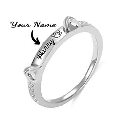 Bague solitaire en argent 925, anneaux personnalisés avec nom d'animal de compagnie pour femmes et hommes, anneau d'oreille de chat en forme d'os de chien avec anneau en cristal, nom personnalisé, bijoux cadeaux 230607