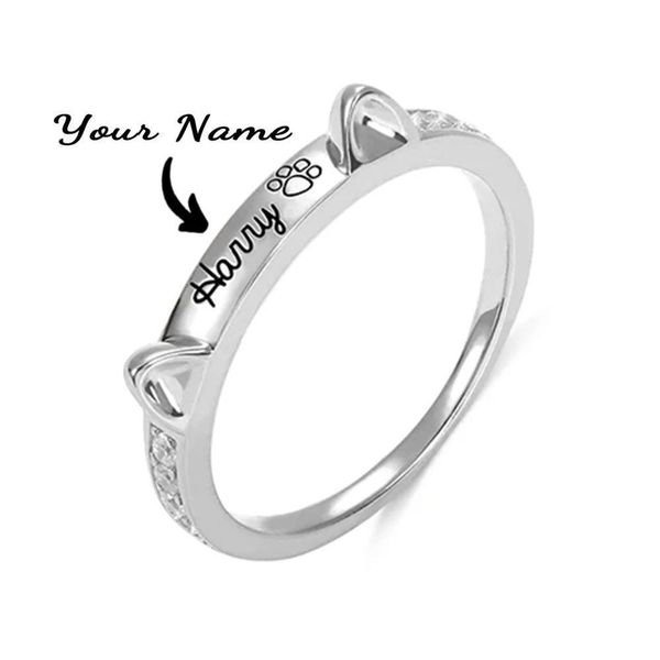 Anillo solitario 925 Anillos personalizados con nombre de mascota de plata para mujeres Anillo para hombre Oreja de gato Perro en forma de hueso con anillo de cristal Regalos de joyería con nombre personalizado 230607