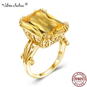 Bague Solitaire Bague en Argent Sterling 925 Luxe Brillant 14.5 * 19mm Grand Rectangle Citrine Bague Pierre Précieuse Pour Les Femmes Solide Mariage Plaqué Or Bijoux 230509