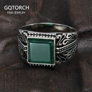 Solitaire Ring 925 Sterling Zilveren Ringen Heren Vintage Bloem Gegraveerd Zwart Groen Rood Natuurlijke Onyx Steen Vierkante Vorm Punk Turkije sieraden 230616