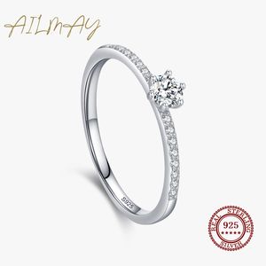 Solitaire Ring Ailmay Real 925 Sterling Silver Simple Sparkling Round Clear Zirkon Ring For Women Classic Luxury Wedding Accessories Sieraden 230403