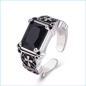 Solitaire ring Ancient Sier Jesus Cross Black Agate Ring Band vinger Retro open verstelbare diamantringen mannen mode sieraden drop del dhjvr