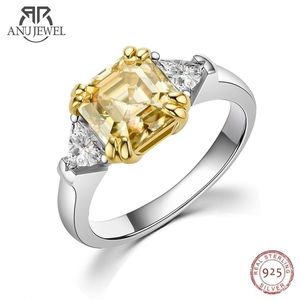 Solitaire ring Anujewel 3 Asscher gesneden gele kleur diamant verloving bruiloft 925 sterling zilver s voor vrouwen 221109