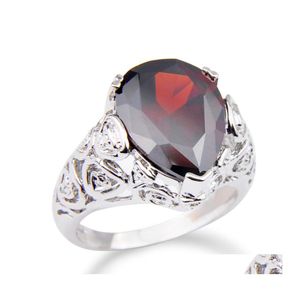 Solitaire Ring Aankomstaccessoires Rings Verklaring voor vrouwen en mannen Gorgeous Red Garnet Gems Charm Topaz 925 Sier R0344 Drop Dhlrs