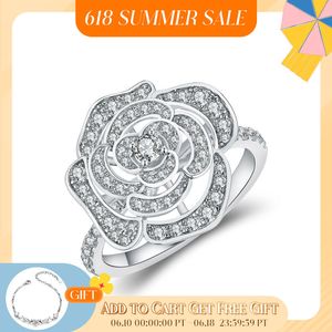 Bague Solitaire Attagems 1.5CT Bague pour Femme D VVS Diamant Rond Double Halo Bague Fiançailles Noël Argent 925 Mariage 230609