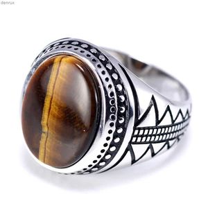 Anillo solitario Authentic Solid Mens Ann Silver S925 Ring Vintage Trkiye y Natural Tiger Eye Stone Trkiye Jewelry 925 Silver Jewell240417