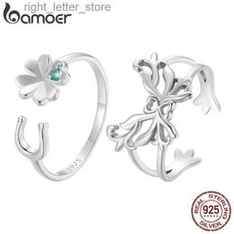 Solitaire Ring BAMOER 925 Sterling Zilver Lucky Klavertje Vier Verstelbare Ring Hoefijzer Opening Ring voor Vrouwen Origineel Ontwerp Fijne Sieraden YQ231207