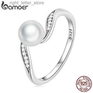 Bague Solitaire Bamoer 925 en argent Sterling qualité coquille perle bague géométrique anneau pavé réglage CZ pour les femmes cadeau d'anniversaire bijoux fins BSR304 YQ231207