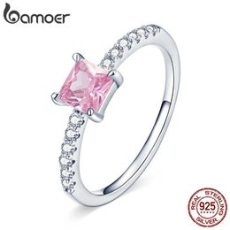 Bague Solitaire BAMOER Authentique Argent Sterling 925 Sakura Rose Carré Cristal Zircon Halo Bague pour Femmes Bijoux de Fiançailles Bague BSR191 Z0603