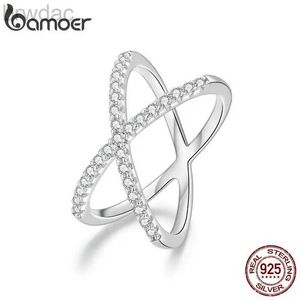 Solitaire ring Bamoer Moissanite Criss Cross Wedding Band voor dames D Color VVS1 Moissanite Stackable X Promise Ring Wedding Fine Jewelry D240419