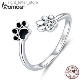 Anillo solitario BAMOER Plata de ley 925 Esmalte negro Pata de perro Anillos de dedo ajustables abiertos para mujeres Accesorios de joyería antialérgica SCR605 YQ231207