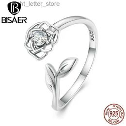 Anillo solitario BISAER 925 plata esterlina hueco camelia eternidad anillos de dedo flor anillo ajustable tamaño 6-9 para mujeres fiesta joyería fina YQ231207