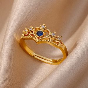 Solitaire Ring Blauwe Zirkoon Kroonringen Voor Vrouwen Roestvrij Staal Verstelbaar 2023 Trend Design Vrouwelijke Bruiloft Jewerly l231009