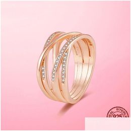 Bague Solitaire Brand New 925 Sterling Sier Gold Rings Sparkling Poli Lines Rose Pave Mariage Fiançailles DIY Original Bijoux Pour D Dhog0