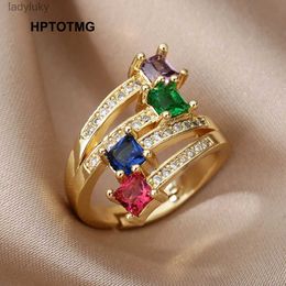 Anillo solitario anillos cuadrados coloridos de circón para mujeres anillo de múltiples capas de acero inoxidable 2023 tendencia de joyería de joyería estética de boda anillos 240226